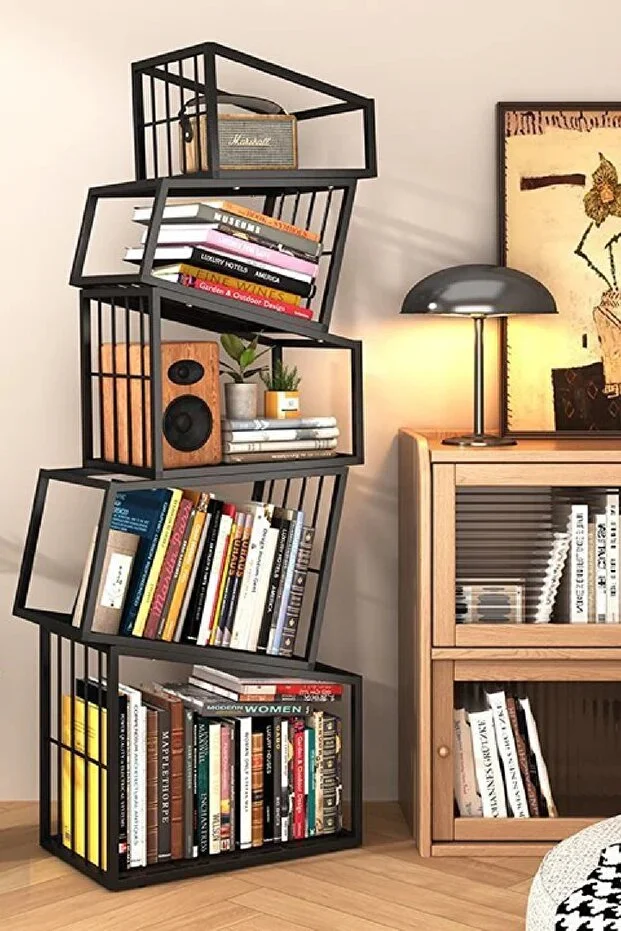 Metal Siyah Renk Endüstriyel Tasarım Kolay Kurulum Puzzle Kitaplık Aksesuar Rafı